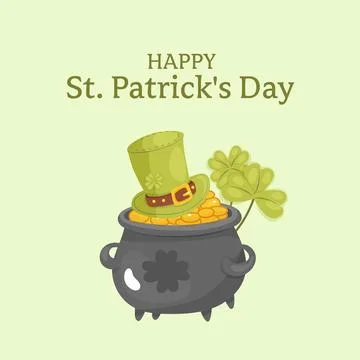 St. patricks day. Square card, pot of gold, clover and hat. Stock Illustration