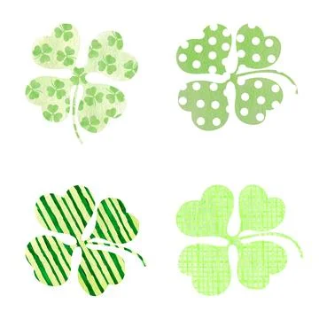 St Patrick's day textured clovers set isolated on white background. Dotted cl 스톡 일러스트