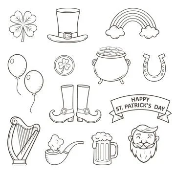 St. Patrick's Day  vector icon set with shamrock, leprechaun, pot of gold Stock Illustration
