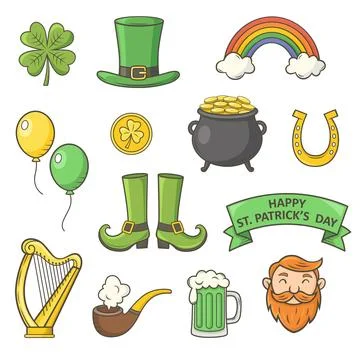 St. Patrick's Day  vector icon set with shamrock, leprechaun, pot of gold a.. Stock Illustration