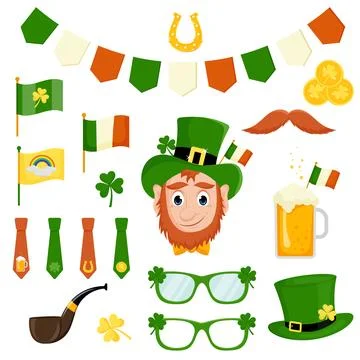 St. Patrick's Day vector icons set isolated on a white background. Flat sty.. Illustrazione stock
