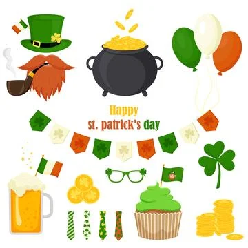 St. Patrick's Day vector icons set isolated on a white background. Stock Illustration