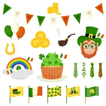 St. Patrick's Day vector icons set isolated on a white background. Flat style Illustrazione stock