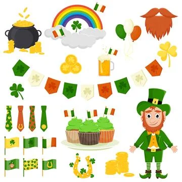 St. Patrick's Day vector icons set isolated on a white background. Flat style Illustrazione stock