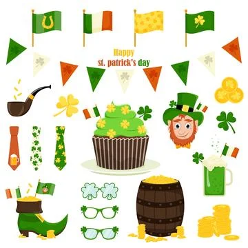 St. Patrick's Day vector icons set isolated on a white background. Flat style Illustrazione stock