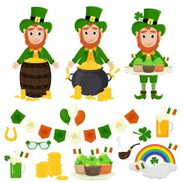 St. Patrick's Day vector icons set isolated on a white background. Flat style Stock Illustration