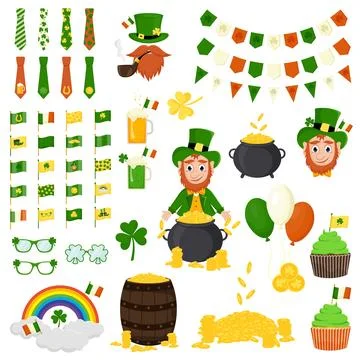 St. Patrick's Day vector icons set isolated on a white background. Flat style Illustrazione stock
