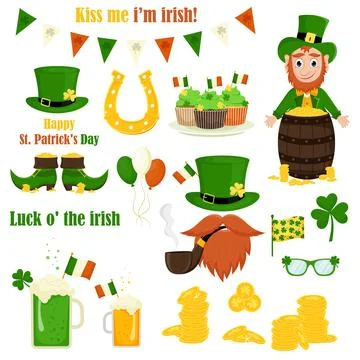 St. Patrick's Day vector icons set isolated on a white background. Flat style Illustrazione stock