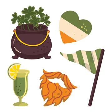 St patricks illustration set red beard irish flag cauldron with clover Stock Illustration