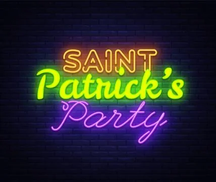 St. Patricks Party design template neon sign vector. Saint Patrick greeting card Stock Illustration
