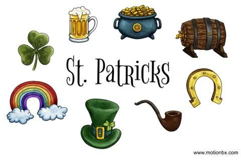 St. Patricks vector design elements. Hat, pot, horseshoe, pipe, clover, beer Stock Illustration