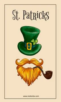 St. Patricks vector design. Leprechaun Hat, beard and pipe. Stock Illustration