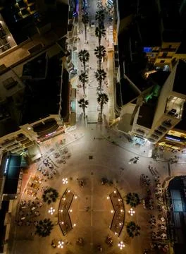 St Paul's Bay Bugibba Square at night aerial top down high street lights Stock Photos