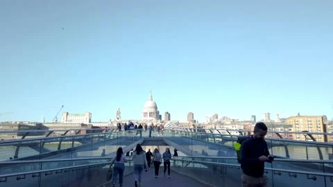 St. Paul's Cathedral and Millenium Bridge in London, Slow Motion Stock Footage 149379657