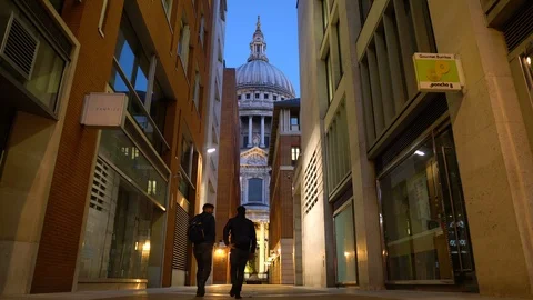 St Paul's Cathedral Framed By Two Buildings During Evening in London, UK Stock Footage 112184468