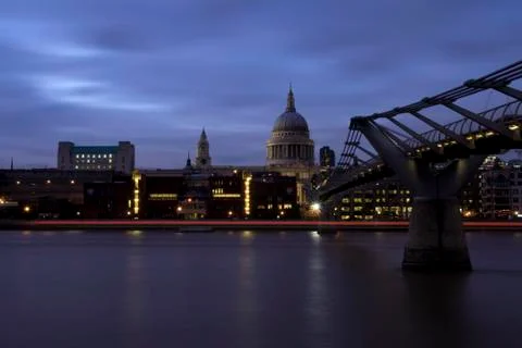 St Paul's at Night with Millenium Bridge Stock Photos