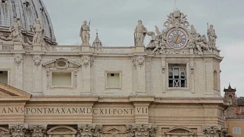 St. Peter's Basilica, front facade decoration and Apostles statues, Vatican city Stock Footage 93028477
