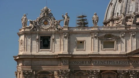 St. Peter's Basilica front facade decoration and Apostles statues, Vatican city Stock Footage 93585359