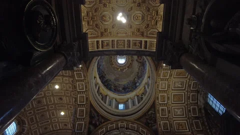 St Peter's Basilica, Vatican City. Looking up to the ceiling of the aisle Stock Footage