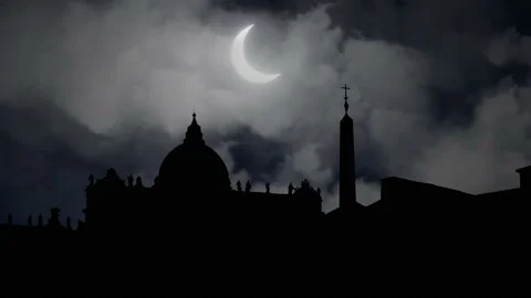 St. Peter's Square and Basilica in Vatican City by Night  with Crescent Moon Stock Footage 150727621