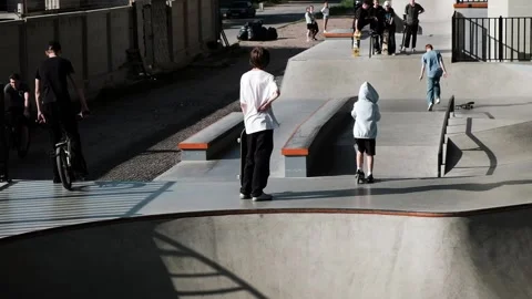 St. Petersburg, Russia - May/28/2021: Skatepark, teens on skateboards Stock Footage