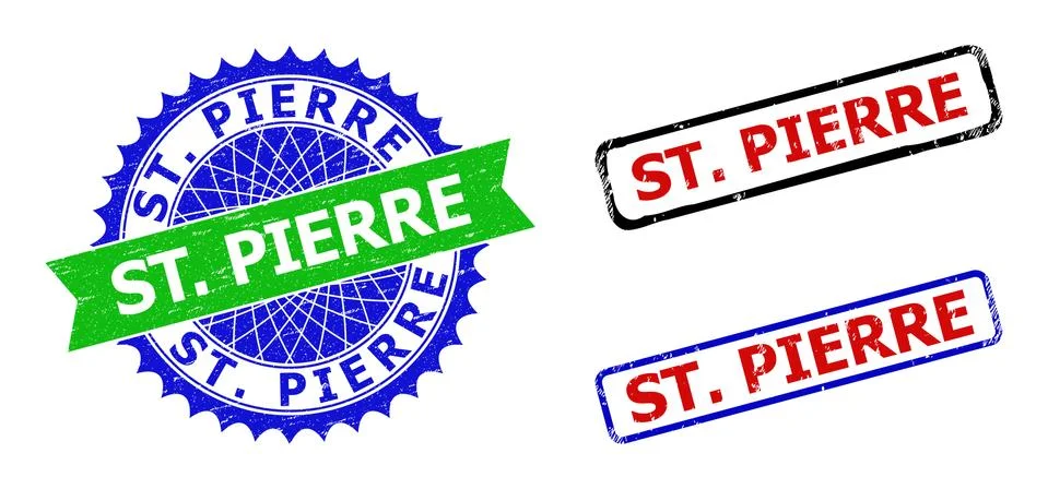 ST. PIERRE Rosette and Rectangle Bicolor Watermarks with Corroded Textures Stock Illustration