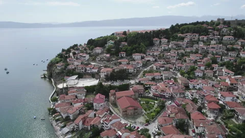St. Sofia church in Ohrid, Aerial view on exterior with traditional houses ar Stock Footage 242286779