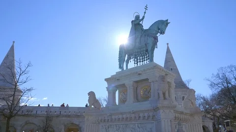 St. Stephen Statue next to Matthias Church on Fisherman's Bastion Stock Footage 129271343