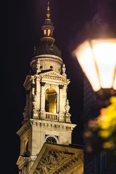 St. Stephen's Basilica bell tower night illumination, Budapest wide-angle Stock Photos