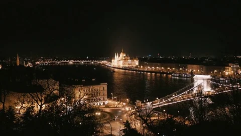 St. Stephen's Basilica with chain bridge and Hungarian parliament building. Stock Footage 74492613