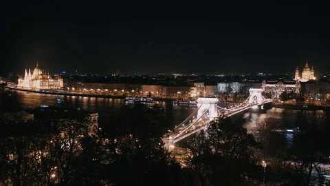 St. Stephen's Basilica with chain bridge and parliament building in Budapest. Video stock 74492672