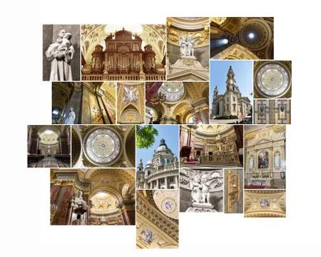 St. Stephen's Basilica, interior and facade collage Stock Photos