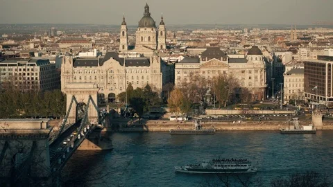 St. Stephen's Basilica view with chain bridge at sunset Video stock 74332848