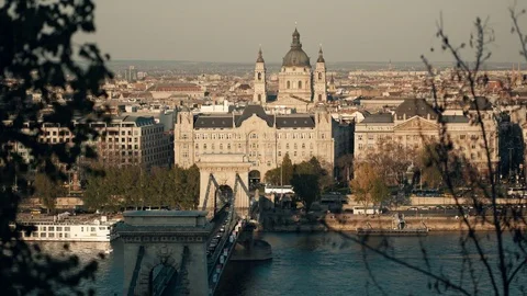 St. Stephen's Basilica view with chain bridge at sunset in Budapest Video stock 74334905