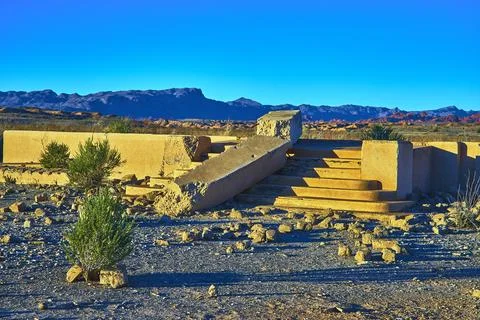 St Thomas Ghost Town Ruins and Desert Landscape at Golden Hour in Nevada Foto stock