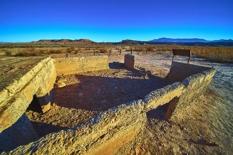 St Thomas Ghost Town Ruins Desert Landscape and Distant Mountains in Nevada Stock Photos