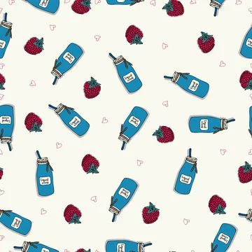 St. Valentine Day seamless pattern with strawberry, cocktail bottle and hearts Stock Illustration