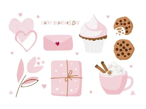 St. Valentine's Day decorative elements and Happy Valentine's Day text. Baking Stock Illustration