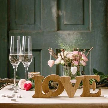 St. Valentines day table setting with LOVE letters Stock Photos