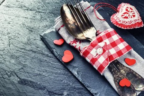 St Valentine's table setting with decorative hearts Stock Photos