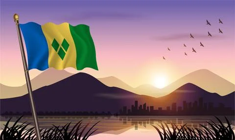 ST. Vincent Grenadines flag flying against a beautiful sunrise sky. Stock Illustration