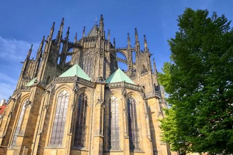 St. Vitus Cathedral inside of the Prague Castle complex built in the 9th cent 스톡 사진