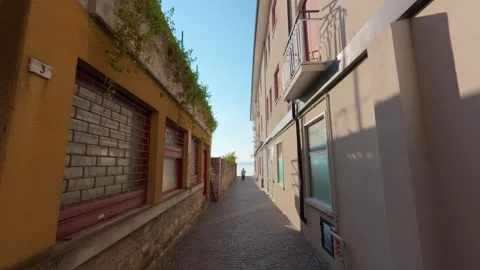 Stabilized forward walk through lakeside alley with man ahead on phone Stock Footage 322106806