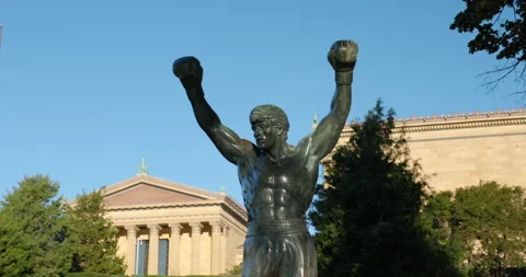 Stabilized Gimbal Shot Rocky Balboa Statue Philadelphia Art Museum City Skyline Stock Footage