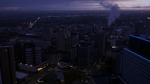 Stabilized High Angle View of the Rochester Skyline at Dusk Stock Footage 268503407