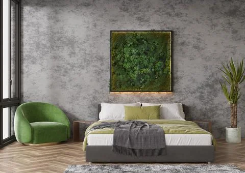 Stabilized moss hanging on the wall in modern interior. Panel of green moss.  Stock Photos