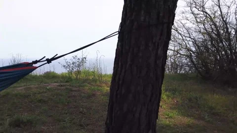 Stabilized movement of empty hammock in a forest near the beach Stock Footage 153262380