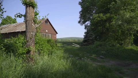 Stabilized Revolving Shot of Rustic Barn on Sunny Day Stock Footage 129456229