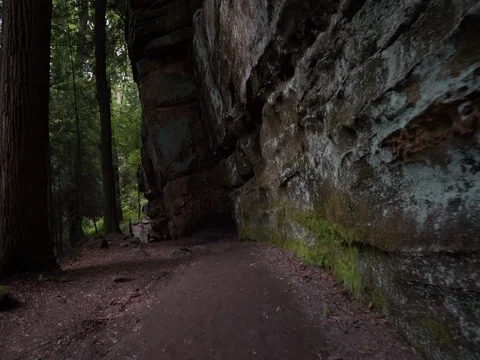 Stabilized shot along rock wall moving towards bridge on trail Stock Footage 82731179