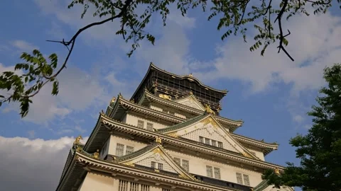 Stabilized Shot of Osaka Castle and Garden During Golden Hour Stock Footage 314085175